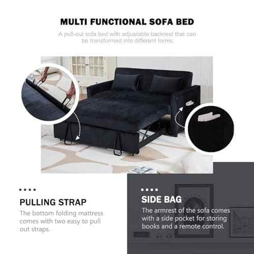 Modern 55.51" Futon Sofa Bed with Pullout Bed & Adjustable Backrest (Black)