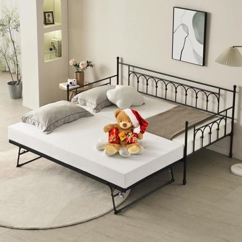 Height Adjustable Twin Daybed with Trundle, Black Pull-Out Sofa Bed for Living & Guest Rooms