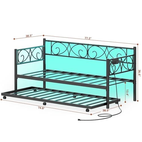 Unikito Black Metal Daybed with Charging & LED Lights, Twin w/ Pop-Up Trundle