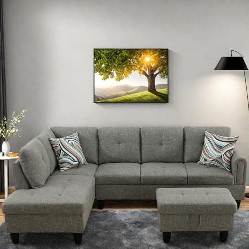 L-Shaped Couch with Chaise, 6 Seat Modern Living Room Sectional in Black/Grey with Storage