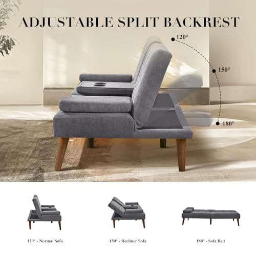 COLAMY Convertible Futon Sofa Bed - Light Grey with Cup Holders