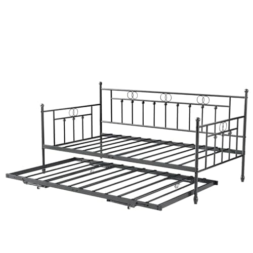Height Adjustable Twin Daybed with Trundle, Black Pull-Out Sofa Bed for Living & Guest Rooms
