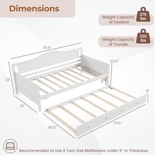 Giantex Twin Daybed with Trundle, Solid Wood Support, White Modern Bed