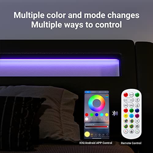 Allewie King Size LED Platform Bed with Adjustable Headboard & Faux Leather