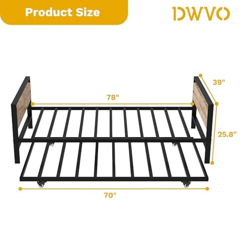 Black DWVO Twin Daybed with Trundle for Guest Room and Living Room, Adjustable Height Trundle Daybed, Metal Sofa Bed Frame with Wood Headboard, Easy Assembly