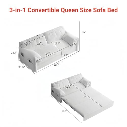 3-in-1 Convertible Sleeper Sofa Bed for Living Room with Side Pockets and Pillows
