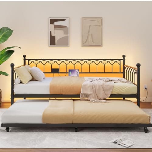 GarveeHome Twin Daybed with Trundle
| Day Bed with Charging Station & LED Lights
| Metal Sofa Bed Frame with Pull Out Trundle for Living Room and Bedroom