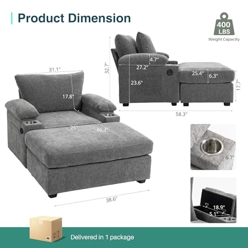 Oversized Chaise Lounge with Storage & Ottoman, Gray USB Cup Holder.maximum comfort