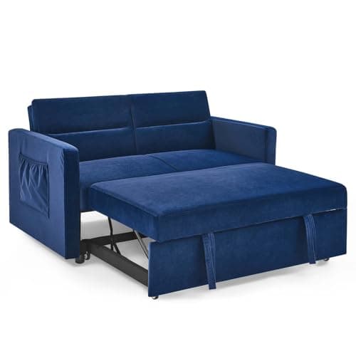 Modern 3 in 1 Convertible Sleeper Sofa Bed, Loveseat Couch with Pull-Out Bed, Reclining Backrest & Side Pocket, Blue