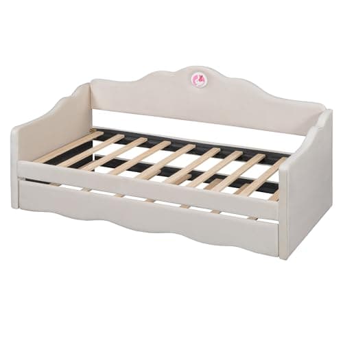 Beige Ball & Cast Upholstered Twin Daybed with Trundle & Wave Back Arm, Wood Slat Support