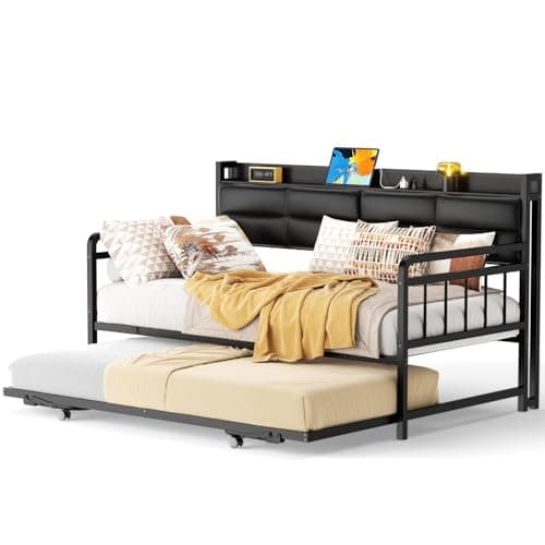 Homieasy Rustic Brown Twin Daybed with Trundle & Charging Station