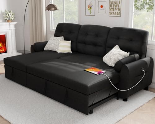 87 Sleeper Sectional Sofa Bed with Storage Chaise - Dark Grey Linen Fabric