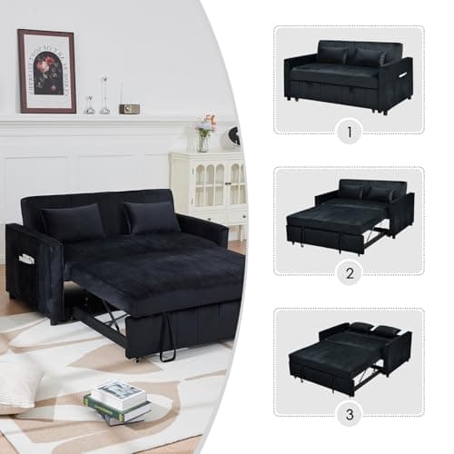 Modern 55.51" Futon Sofa Bed with Pullout Bed & Adjustable Backrest (Black)