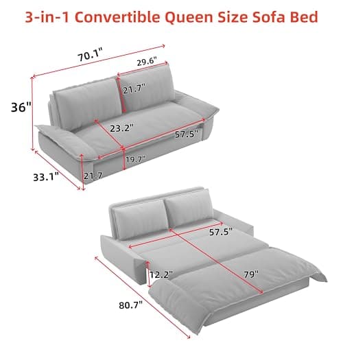 3-in-1 Queen Convertible Couch Bed Velvet Sleeper Sofa for Living Room