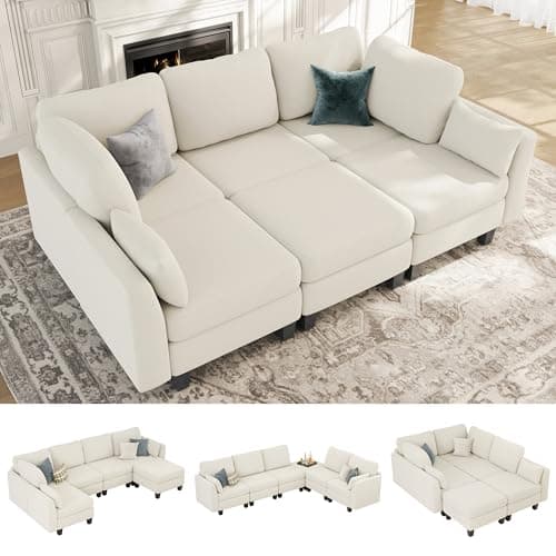 Beige 6 Seater Modular Sleeper Sofa, Comfortable Sectional Couch Bed