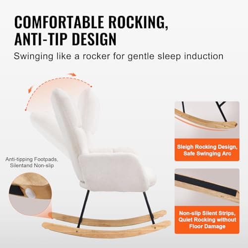 VEVOR Ivory White Teddy Fabric Glider Rocking Chair, Supportive Backrest, Up to 250 lbs
