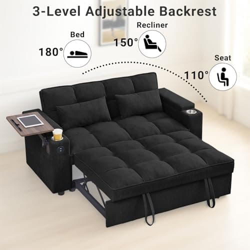 3-in-1 Sleeper Sofa Bed with Chaise Lounge,Adjustable Backrest & Side Table,Black