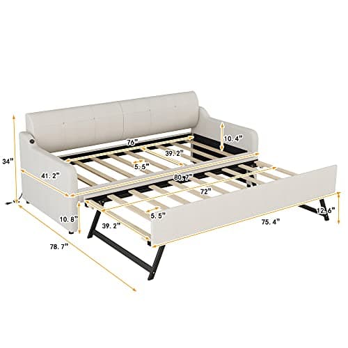 Beige Twin Size Daybed with Pop-up Trundle & Charging Station