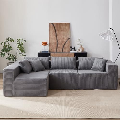 Modern Grey L-Shaped Cloud Flannel Sectional Couch, 4-Seater Modular Lounge