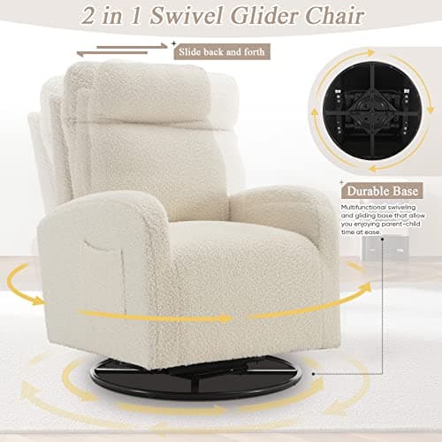 Antetek 360° Swivel Glider Chair - Modern Fabric Arm Chair for Nursery, Living Room, Hotel, Bedroom, Office, Lounge - White