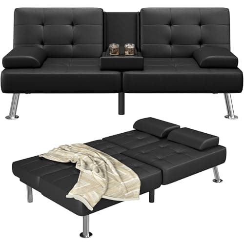 Furmax Adjustable Futon Couch Bed, PU Leather Black for Living Room