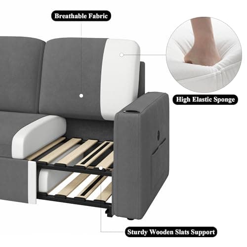 Keyluv 87" Reversible L-Shaped Sofa Bed with Storage & Charging Station, Dark Gray Velvet