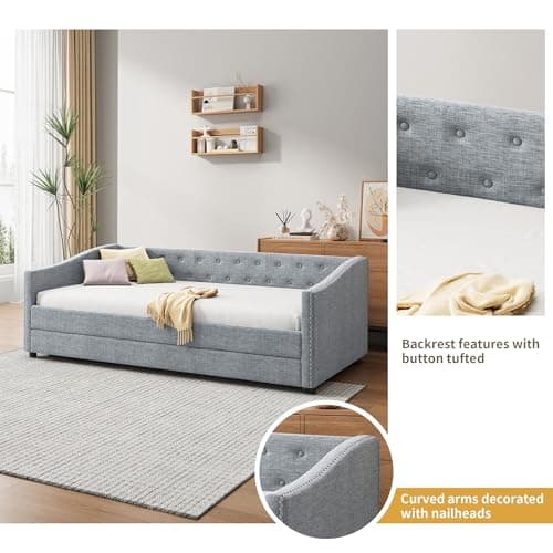 Light Grey Twin Daybed with Trundle and Button Tufted Upholstery