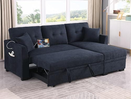 Eafurn Reversible Corduroy L-Shaped Sleeper Sectional With Chaise, USB Ports, Living Room Sofa Bed