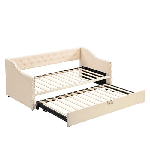 Merax Beige Upholstered Velvet Pop-Up Daybed with Backrest & Armrest