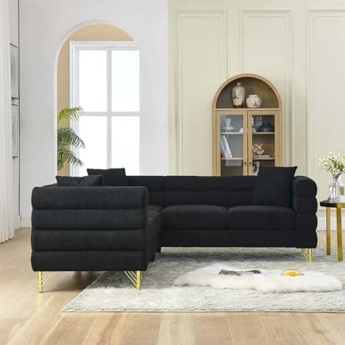 Antetek Modern Black L-Shaped Chaise Lounge Couch with Teddy Fabric and Gold Legs
