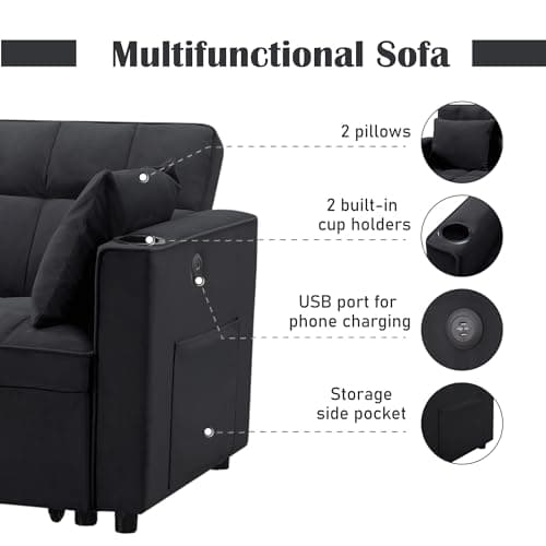 Modern Upholstered Pull Bed Sleeper with Reclining Backrest, Black Futon Love Seat for Living Room