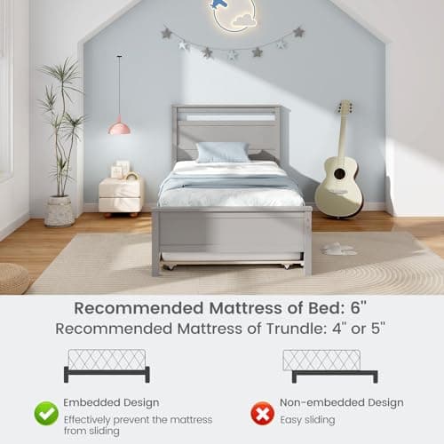 Giantex Wood Day Bed Twin with Headboard & Slats Support, Grey