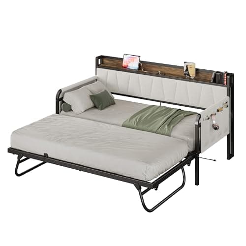 LIKIMIO Grey Twin Daybed with Trundle Bed and Storage Headboard for Living Room, Bedroom, and Guest Room, Strong Supports and Charging Station