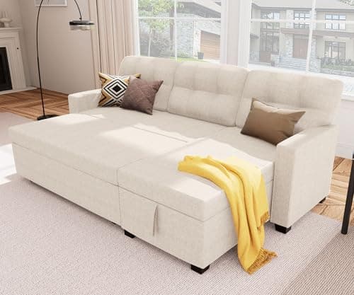 DeepGrey Linen Reversible Sectional Sleeper Couch with Storage and Pull-Out Bed