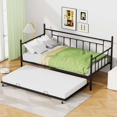 Black Twin Daybed with Backrest for Living Room, Bedroom, Kids Room, Guest Room
| Heavy Duty Metal Slats Platform Twin Daybed with Trundle for Bedroom and Guest Room
| Metal Trundle Frame with Pull Out Bed for Kids and Guest Room