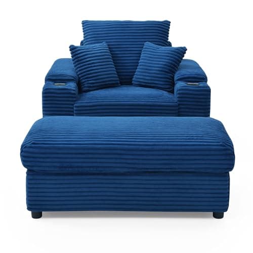Modern Upholstered Blue Chaise Longue with Cup Holders & Storage Ottoman