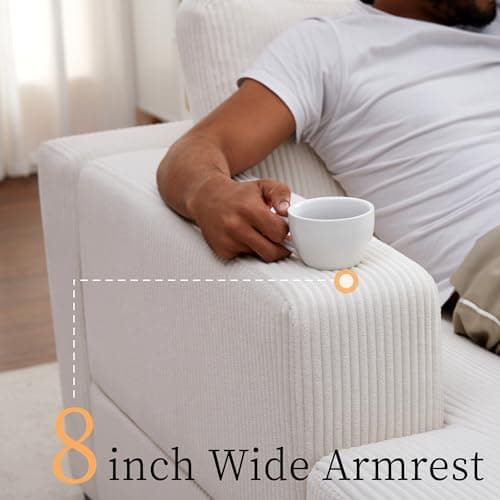 AMERLIFE 96 Inch Oversized Sectional Sofa, White Corduroy Chaise Couch