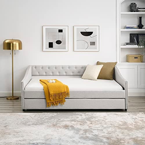 Antetek Full Size Linen Upholstered Daybed with Trundle – Modern Button-Tufted Sofa Frame for Bedroom or Living Room (Beige)