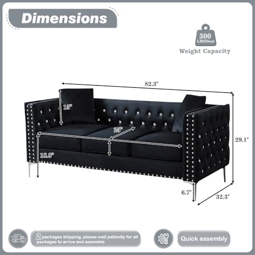 Modern Velvet Sofa Couch, 82 Inch Upholstered 3 Seater with Crystal Buttons and Pillows for Living Room, Apartment, Office - Black