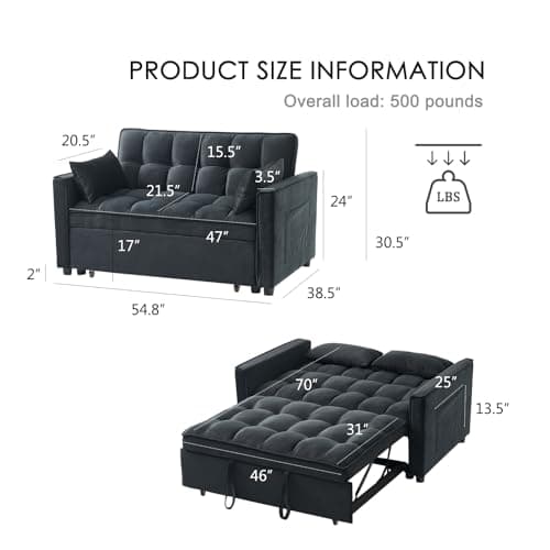Black Modern 3-in-1 Futon Sofa Bed with Storage and Adjustables