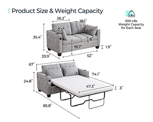 LINSY HOME Full Size Pull-Out Sofa Bed with USB Charging (Grey)