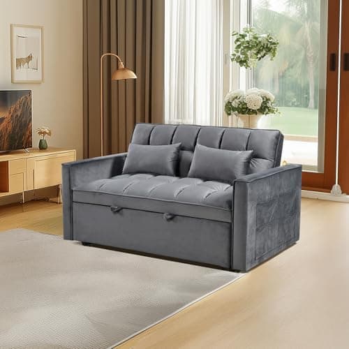 Grey 3-in-1 Convertible Velvet Bed Sofa, Pull-out Lounger with Reclining Backrest (55.1")