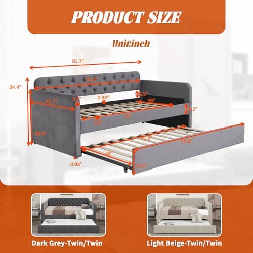 Dark Grey Velvet Upholstered Twin Size Daybed with Trundle and USB Port