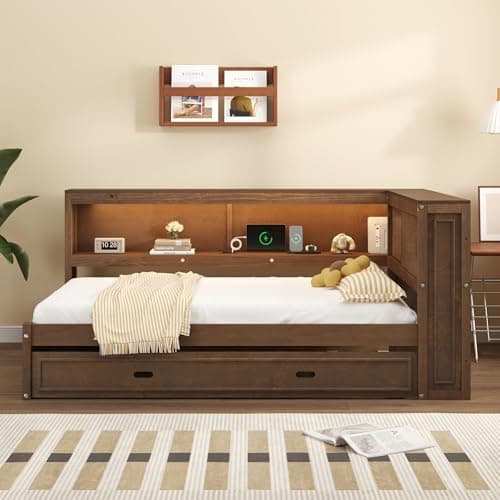 Full Size L-Shaped Floor Bed with Storage, Charging Station, & LED Headboard