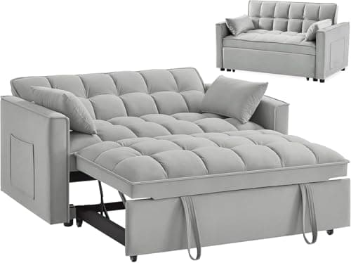 Gray Velvet 3-in-1 Convertible Sleeper Sofa Bed with Armrests, Storage Pockets & 2 Pillows for Living Room, Apartment, Bedroom, or Office