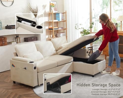 DURASPACE Beige 2-in-1 Pull Out Sectional Sleeper Sofa with Storage