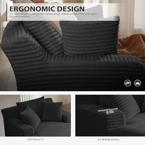 Black 50 Inches Chaise Lounge Indoor Oversized Chair with 3 Throw Pillows and Armrests for Living Room Apartment
| Corduroy Upholstered Black 50 Inches Chaise Lounge Chair with Armrests and Throw Pillows for Living Room Sleeper Chair
| Black 50 Inch