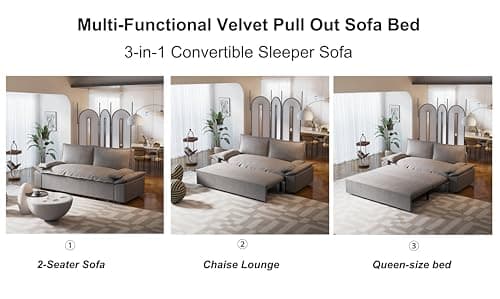 Antetek 3-in-1 Convertible Velvet Sleeper Sofa Bed with Side Pockets for Living Room