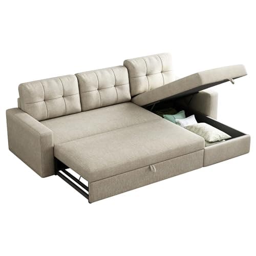 Beige L-Shaped Sleeper Sectional with Reversible Storage for Living Room & Apartment