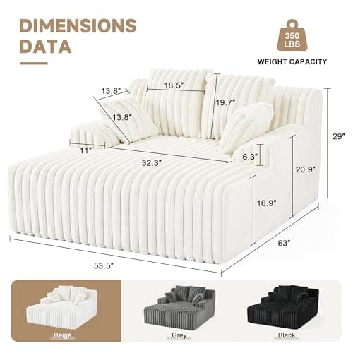 Beige 5|5" Oversized Chaise Lounge Chair with Wide Arms for Living Room, Comfy Sleeper Sofa with 4 Pillows, No Assembly Required Corduroy Couch